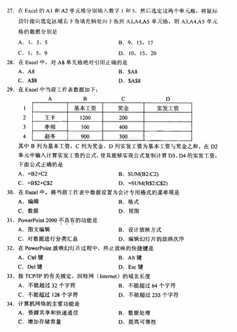 全国2009年4月高等教育自学考试计算机应用基础试卷(图4)