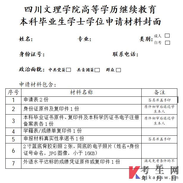 四川文理学院高等学历继续教育本科毕业生学士学位申请材料封面(图1)