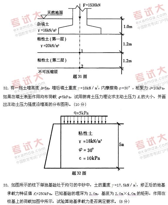 全国2011年1月高等教育自学考试土力学及地基基础(图4) 全国2011年1月高等教育自学考试土力学及地基基础(图4)